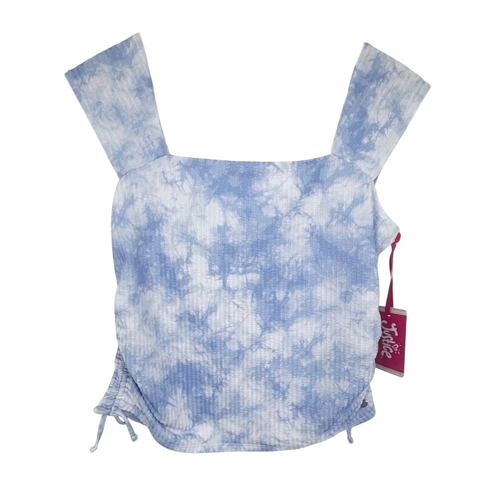 Justice Blue Tie Dye Top Girls Large 12/14 Ribbed Square Neck Cinched NEW